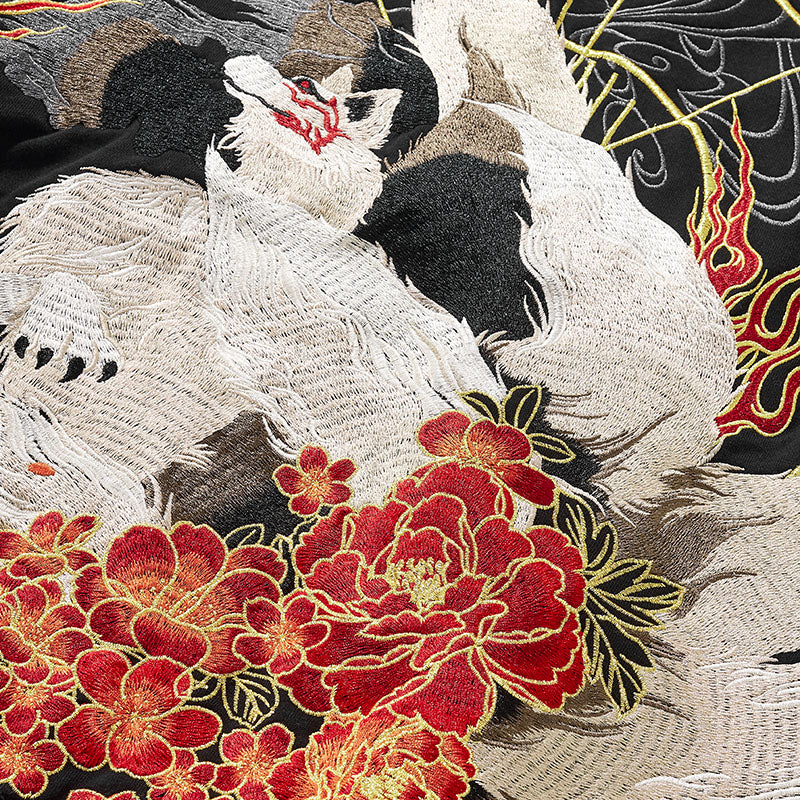 Japanese Kitsune with Flowers Embroidered Sukajan Hoodie - solekoi