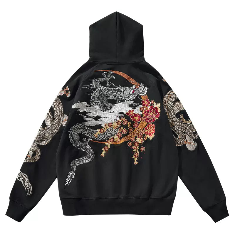 Classic Dragon with Flowers under the Moon Embroidered Sukajan Hoodie - solekoi