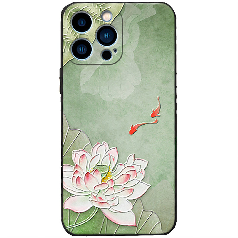 3D Embossed Ukiyo-e Mobile Case - Giant Lotus Flower Koi