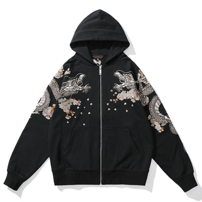 Classic Dragon with Flowers under the Moon Embroidered Sukajan Hoodie - solekoi