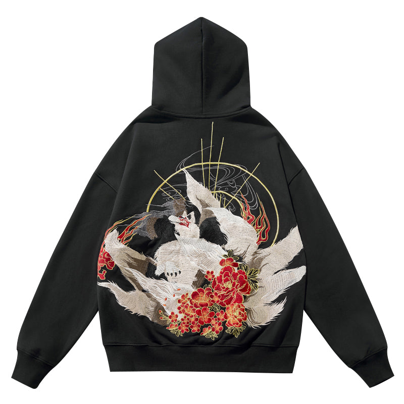 Japanese Kitsune with Flowers Embroidered Sukajan Hoodie