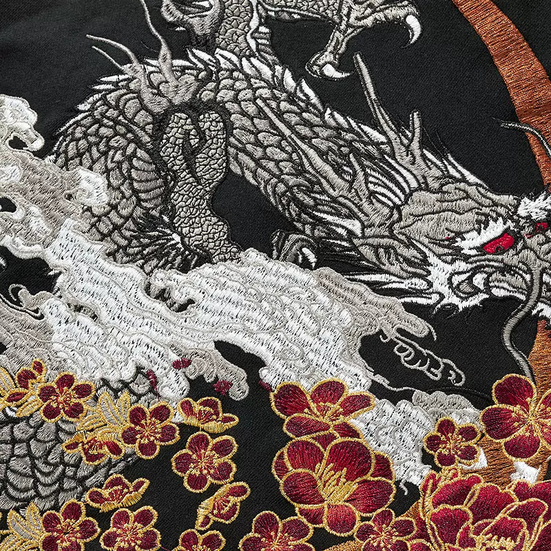 Classic Dragon with Flowers under the Moon Embroidered Sukajan Hoodie ...