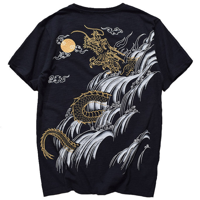 The Dragon Hiding In The Waterfall Japanese Embroidered Sukajan T-shirt ...