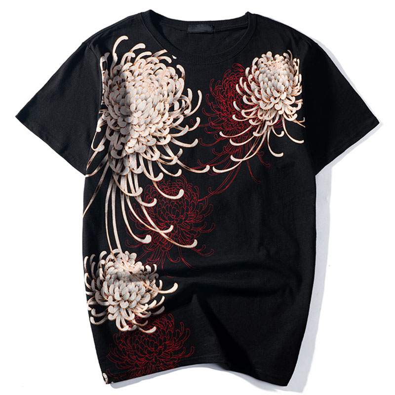Big Koi With Blossom Chrysanthemums Embroidered Sukajan T-shirt - solekoi