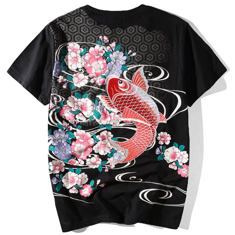 Big Red Koi With Little Flowers Embroidered Sukajan T-shirt - solekoi