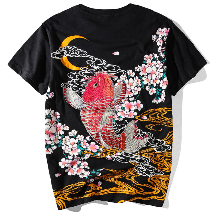 Red Koi Under The Moon Embroidered Sukajan T-shirt - solekoi