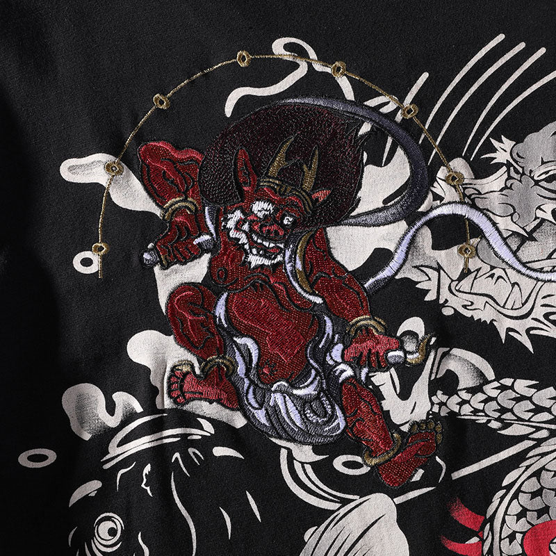 Koi, Thunder God, Wind God, Dragon Embroidered Sukajan T-shirt - solekoi
