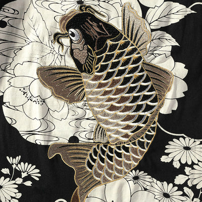 Black Koi WIth Chrysanthemums Embroidered Sukajan T-shirt - solekoi
