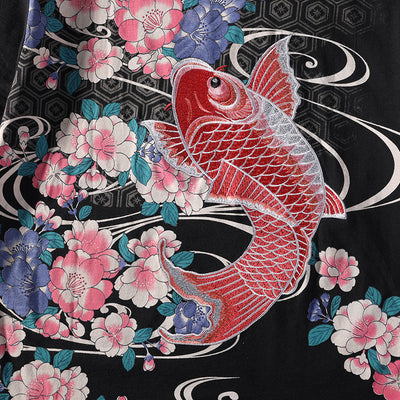 Big Red Koi With Little Flowers Embroidered Sukajan T-shirt - solekoi