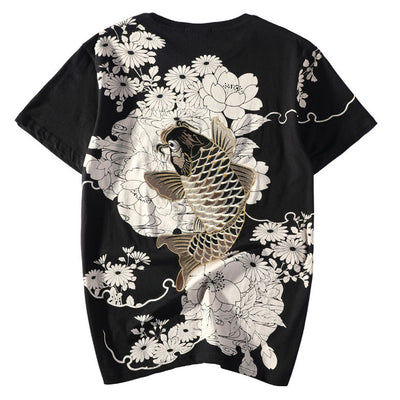Black Koi WIth Chrysanthemums Embroidered Sukajan T-shirt - solekoi