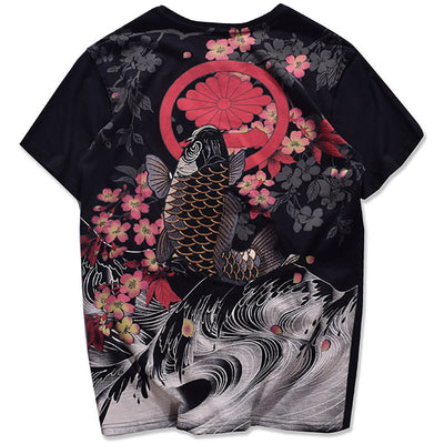 Black Koi Jumping From The River Embroidered Sukajan T-shirt - solekoi