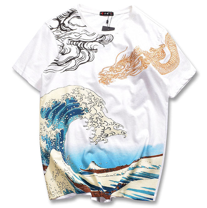 Gold Dragon Flying Above The Great Wave Japanese Embroidered Sukajan T ...