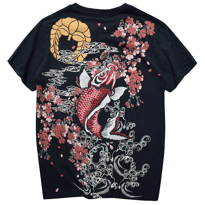 Red Koi With Red Cherry Flowers Embroidered Sukajan T-shirt - solekoi