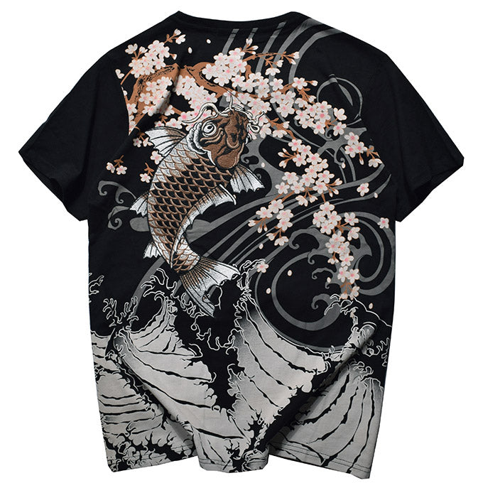 Big Koi Jumping To Flowers Embroidered Sukajan T-shirt - solekoi