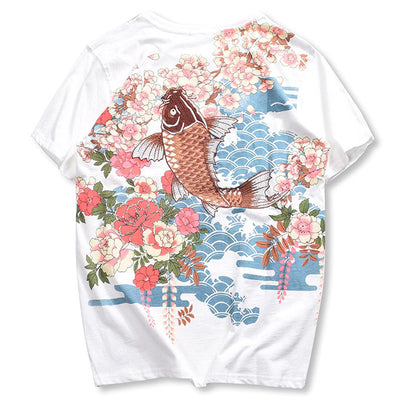 Red Koi With Blossom Flowers Embroidered Sukajan T-shirt - solekoi