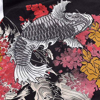 Koi Jumping From The Stream Embroidered Sukajan T-shirt - solekoi
