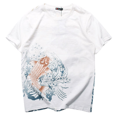 Big Koi Jumping To Flowers Embroidered Sukajan T-shirt - solekoi