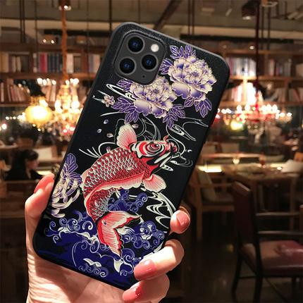 3D Embossed Ukiyo-e Mobile Case - Koi With Blue Flowers - solekoi