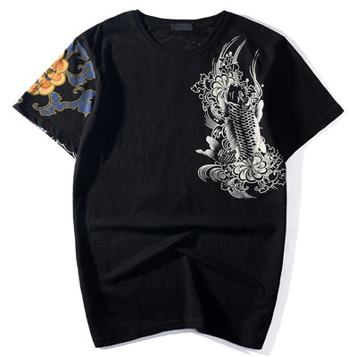 Black Koi With The Dragon Embroidered Sukajan T-shirt - solekoi