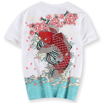 Red Koi Jumping From The River Embroidered Sukajan T-shirt - solekoi