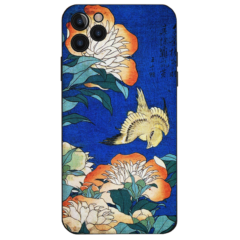 3D Embossed Ukiyo-e Mobile Case - Peonies and Canary - solekoi